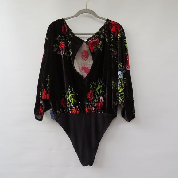 Free People Intimately Large Babe Slouchy Black Velvet Floral Blouson Bodysuit - Picture 11 of 15